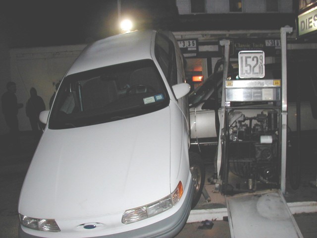 Car into gas pumps - Sleepy Hollow Gas Station Montauk Hwy & Wilcox Rd  - Note the gas price (December 2000)