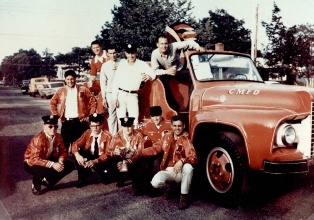 Lindenhurst Drill June 4th 1966 5th Palce B Ladder - (L to R) Bruce Rumph, Frank Holzman, Joe Townsend Jr, Richard Davis, Terry Hooper (Standing) Dan Pendzick, Paul Runyan, Ken Mockridge, John Zeneski, and Driver Harvey Edwards Jr